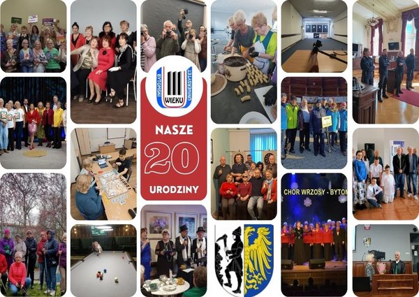 Kolaż zdjęc pokazujących różne aktywności starszych osób, w środku logo UTW Bytom i napis Nasze 2o urodziny